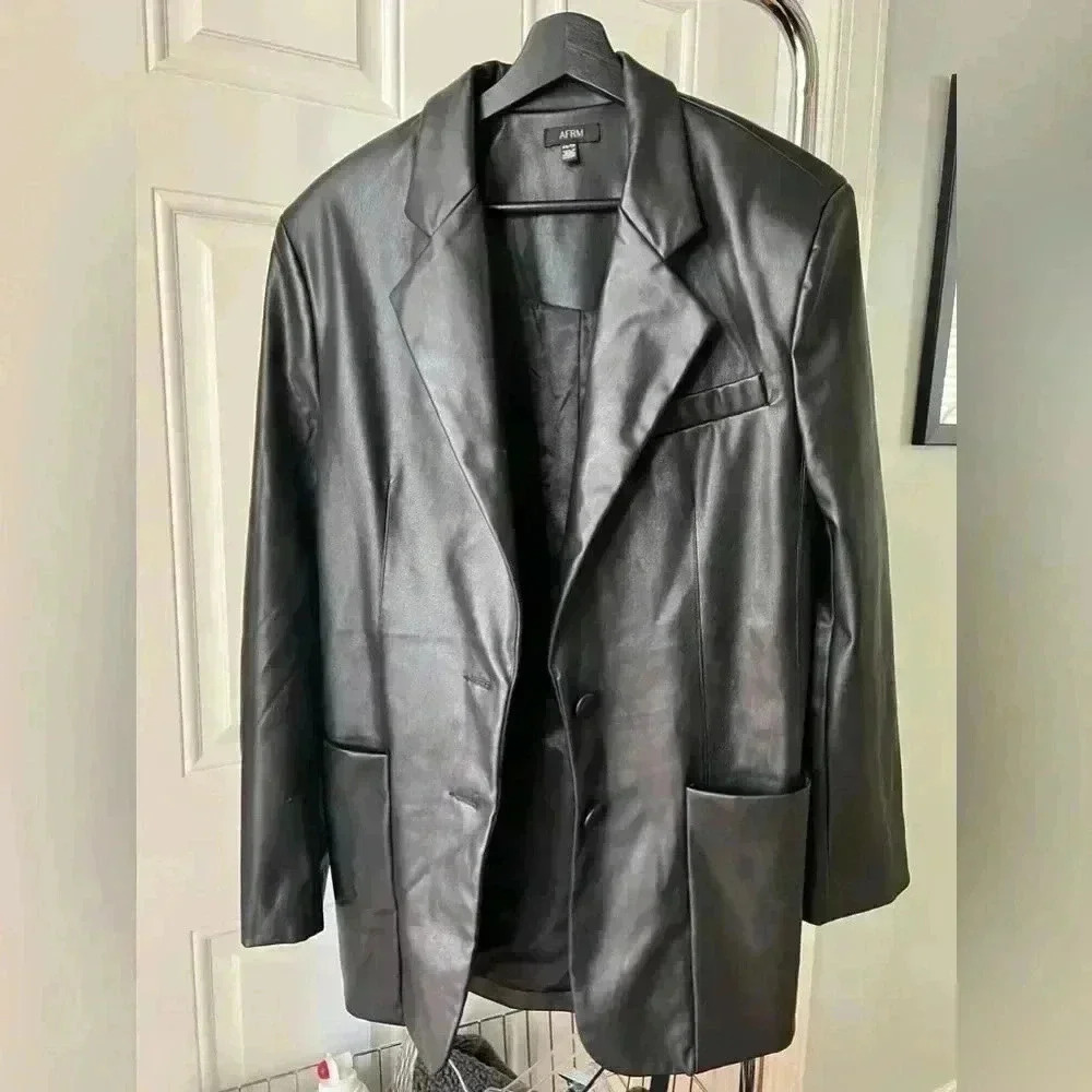 AFRM leather blazer long line jacket with buttons oversized.